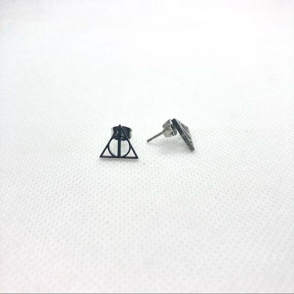 SILVER Stainless Steel Deathly Hallows Earrings - Picture 4 of 8